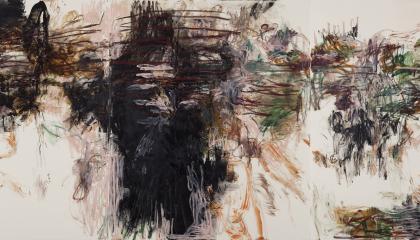 Panoraamakuvan muotoinen öljyvärimaalaus, jossa vaalealle pohjalle on maalattu vauhdikkaan oloisesti liikkeen tunnun mieleen tuovia leveitä, tummasävyisä siveltimenvetoja.