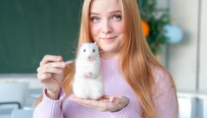 Henkilö pitelee kädessään huovutettua hiirihahmoa.