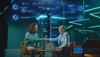 Tekoäly kokoaa yhteen työnantajat ja työntekijät. Mies ja nainen kättelevät. Ilmassa Osaajavarannon tietueita.