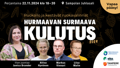 Hurmaavan surmaava kulutus -tapahtuman mainos, jossa infotiedot ja neljä henkilöä.