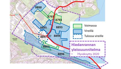 Kuvassa aluerajauksia ja kaavojen numeroita karttapohjalla.