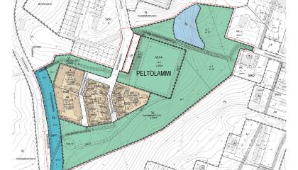 Asemakaavaehdotus, ruskealla asuinalueita ja vihreällä viheralueita.