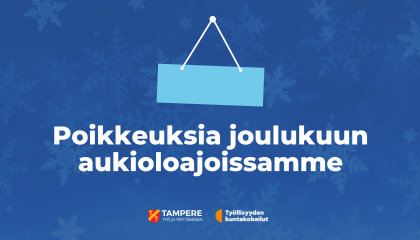 Tummansininen tausta on täynnä haaleita lumihiutaleita. Teksti: poikkeuksia joulukuun aukioloajoissamme.