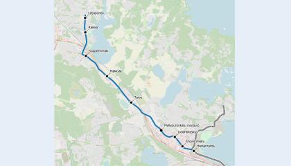 Kartassa näkyy ratikan reitti Ylöjärvelle sekä suunnitellut pysäkit.