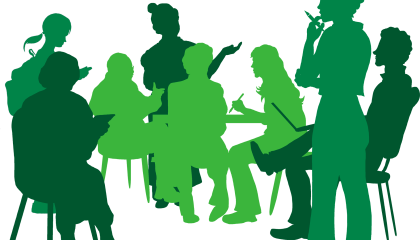 Eri vihreän sävyisiä piirrettyjä ihmishahmojen siluetteja, osa istuu ja osa seisoo.