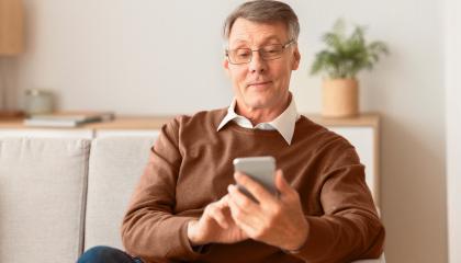 Henkilö istuu sohvalla ja selaa älypuhelintaan.