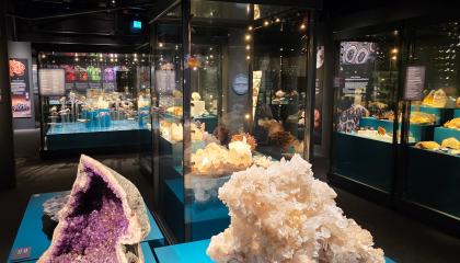 Hämärässä näyttelytilassa kiviä vitriineissä sekä jalustoilla.