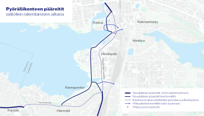 Pyöräliikenteen reitit raitiotien rakentamisen aikana kartalla.