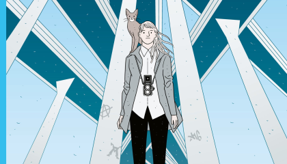Piirretty harmaisiin pukeutunut mies seisoo kissa olallaan, taustalla sinisävyisiä palkkeja. 