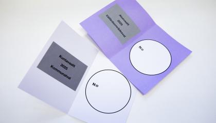 Valkoinen ja violetti äänestyslippu.