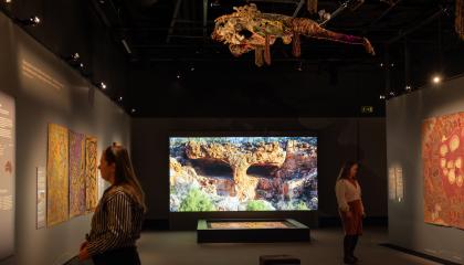 Kaksi ihmistä hämärässä näyttelytilassa katselee seinällä olevia maalauksia.