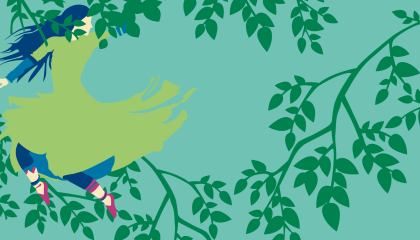 Luontoteemainen kuvituskuva. Tanssiva henkilö puidenoksien ympäröimänä.