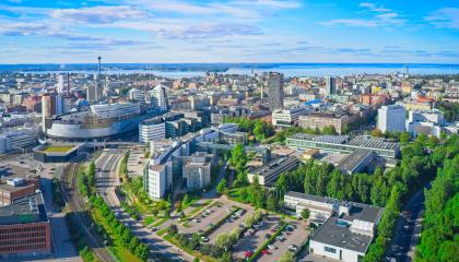 Aerial view of Tampere city center in summer time.