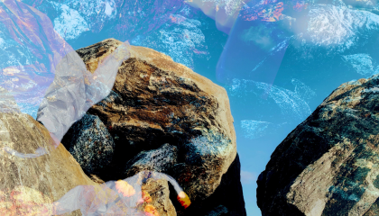 Kollaasi, jossa on isoja kiviä ja siivoushanskat.