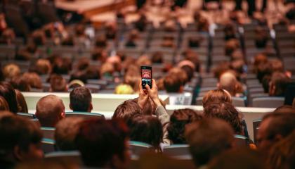 Katsojia Tampere-talon salissa ennen Tampere Filharmonian konsertin alkua. Yksi katsojista kuvaa etualalla näkyvää orkesteria kännykällä.