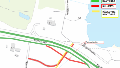 Teiskontien kävely- ja pyörätieurakan liikennejärjestelyt kartalla huhtikuussa 2025.