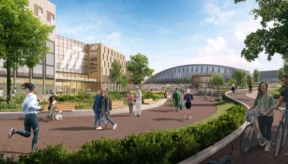 Hakametsä Sport Campus -alueen tulevaisuuden havainnekuva. Sisältää ihmisiä, rakennuksia ja puistoaluetta.