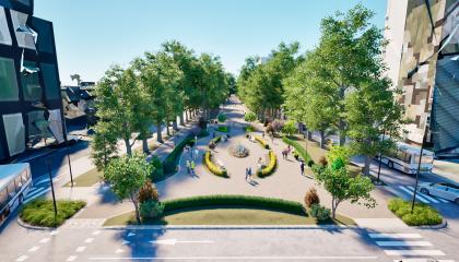 Kuvassa esplanadi, puita, pensaita, kävely- ja pyöräväylä.