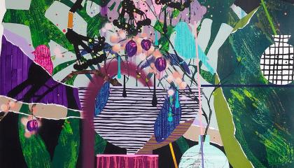 Värikäs maalaus, jossa on hahmotelmia pöydästä, astiasta ja kasveista.