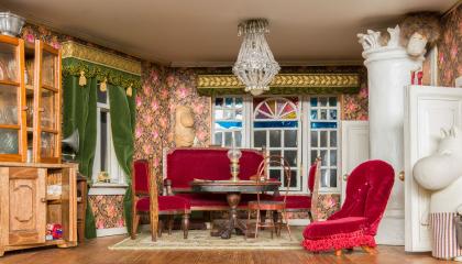 Kuva salongista, jossa tyylihuonekaluja, kristallikruunu ja plyysiverhot.