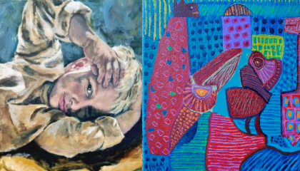 Kaksi maalausta vierekkäin, jotka esittävät pientä hymyilevää poikaa ja värikästä kaupunkimaisemaa.