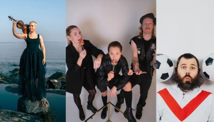 Kolmen kuvan sarja, joista ensimmäisessä nainen seisoo viulu olallaan rantakivikossa, keskimmäisessä on musta-asuinen kolmihenkinen yhtye, ja viimeisessä on mies kahden jalkapallon kanssa.