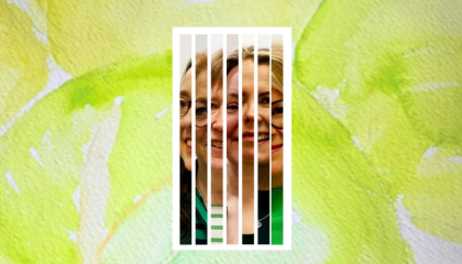 Valokuvia kasvoista, taustalla akvarellimaalaus.