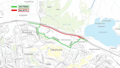 Teiskontien jalankulku- ja pyörätien kiertoreitti kartalla Ruotulassa.