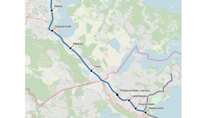 Kartalle merkittynä raitiotie asemineen ja kuntaraja.