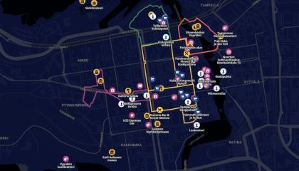Tummapohjainen karttakuva, jossa väreillä merkitty reittejä Tampereen läntisen keskustan alueelle.