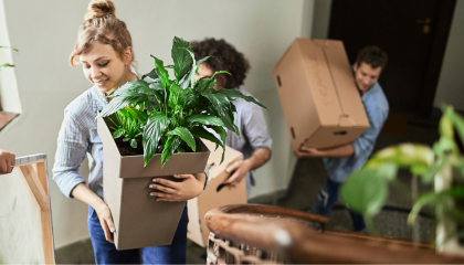 Kuvassa nuori naisoletettu kävelemässä portaita ylöspäin viherkasvi sylissään