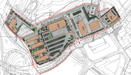 Karttapiirros teollisuustontin pihasuunnitelmasta Lahdesjärvellä.