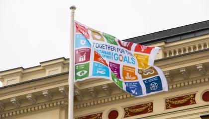 Kestävän kehityksen SDG-lippu liehuu salossa raatihuoneen edustalla.