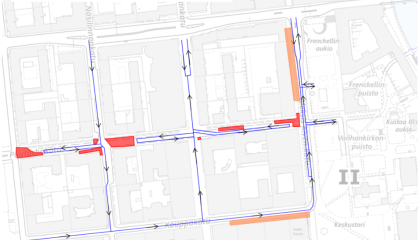 Puutarhakadun työmaan kulkureitit 8.9.2025 alkaen kartalla.