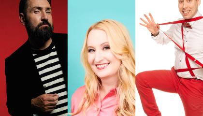 Kolmen kuvan sarja, joista mies raitapaidassa poseeraa punaista taustaa vasten, keskimmäisessä on vaaleahiuksinen hymyilevä nainen turkoosia taustaa vasten ja viimeisessä taikurihahmo venyttää punaisia henkseleitään.