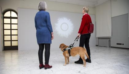 Näkövammainen on ystävänsä kanssa tutustumassa taidenäyttelyyn. Mukana on myös näkövammaisen opaskoira. He katselevat seinällä olevaa vaaleaa kukan muotoista taideteosta.