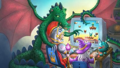 Piirretty kuva, jossa satuhahmot pelaavat tietokonepeliä.