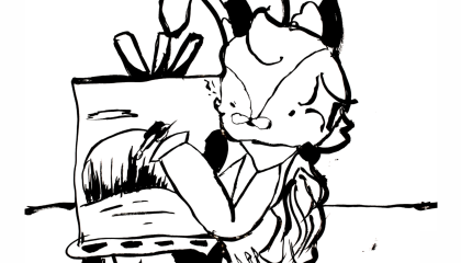 Mustepiirros, jossa pupu maalaa taulua.