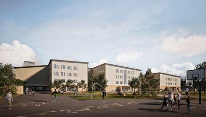 Havainnekuva tulevasta Kaukajärven koulusta ja päiväkodista.