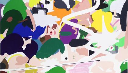 Monivärinen abstraktilta vaikuttava maalaus.