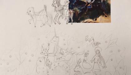 Hevosaiheinen lapsen lyijykynäpiirros