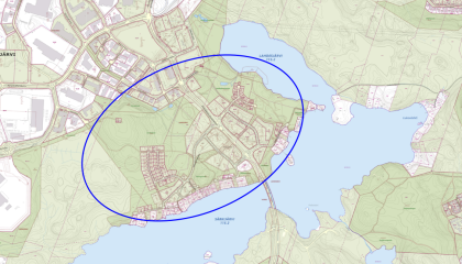 Västinginmäen viheraluekokonaisuuden suunnittelualue sinisellä ympyröitynä kartassa.
