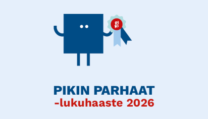 PIKI-kirjastojen piirroshahmo, jolla kädessään PIKI-ruusuke. 