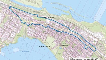 Sininen rajaus kartalla, Pispalanharjun laella valtatien varressa.