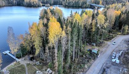 Rakentamaton puustoinen omakotitalotontti järvenrannalla tien vieressä.