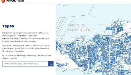 Tapsa-myyntipalvelun etusivu, jossa näkyy Tampereen kartta.