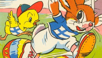 Piirretyssä kuvassa pääsiäistipu ja pupu juoksevat vierekkäin.