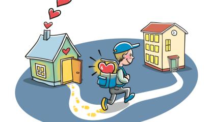 Piirroskuvassa lippalakkipäinen ja reppuselkäinen lapsi kulkee polkua pitkin kodista kouluun. Lapsen repussa näkyy sydän.