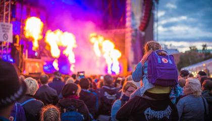 Yleisöä rock-konsertissa, lavalla tulishow.