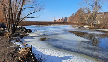 Vesitehtaansillan palkit Viinikanlahdessa kuvattuna keväällä.